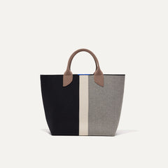 PLP |The Lightweight Petite Tote in Black Portobello Stripe, shown from the front.