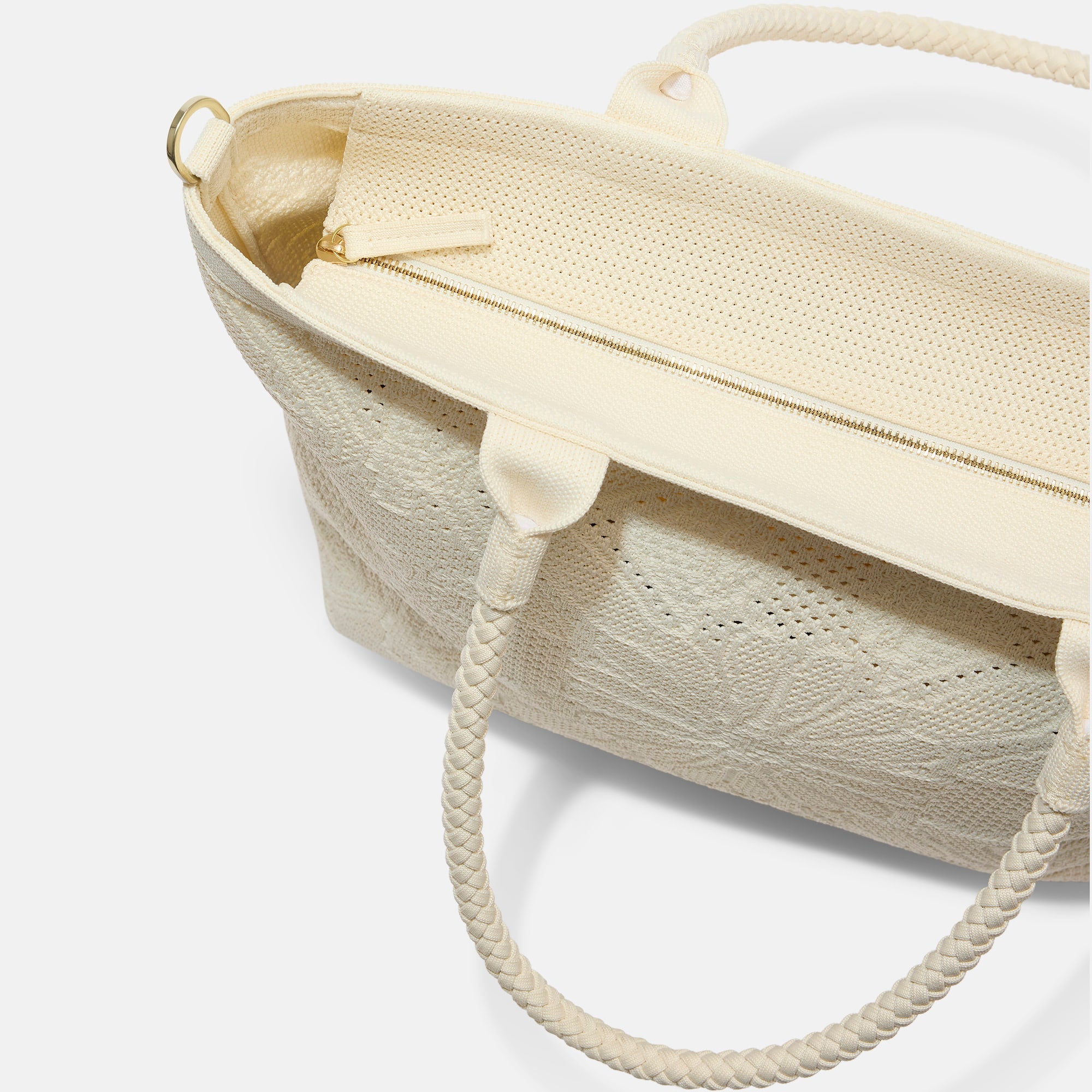 A close up of The Lightweight Zip Tote in Moonflower focusing on the zip closure and handles.
