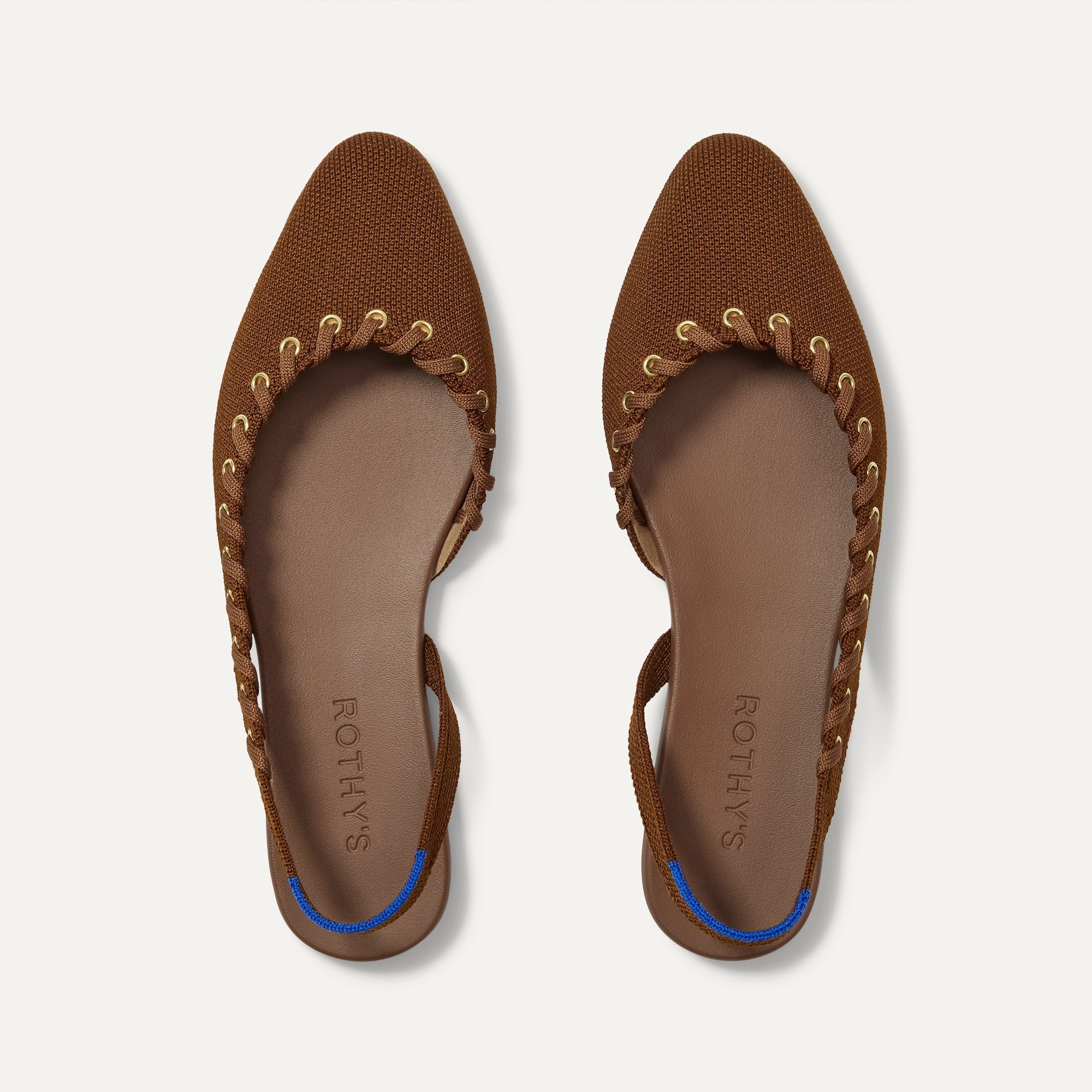 The Almond Slingback in Eyelet Russet shown from the top.