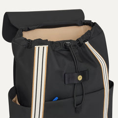 A close up of The Travel Cinch Backpack in Ink showing the drawstring closure.