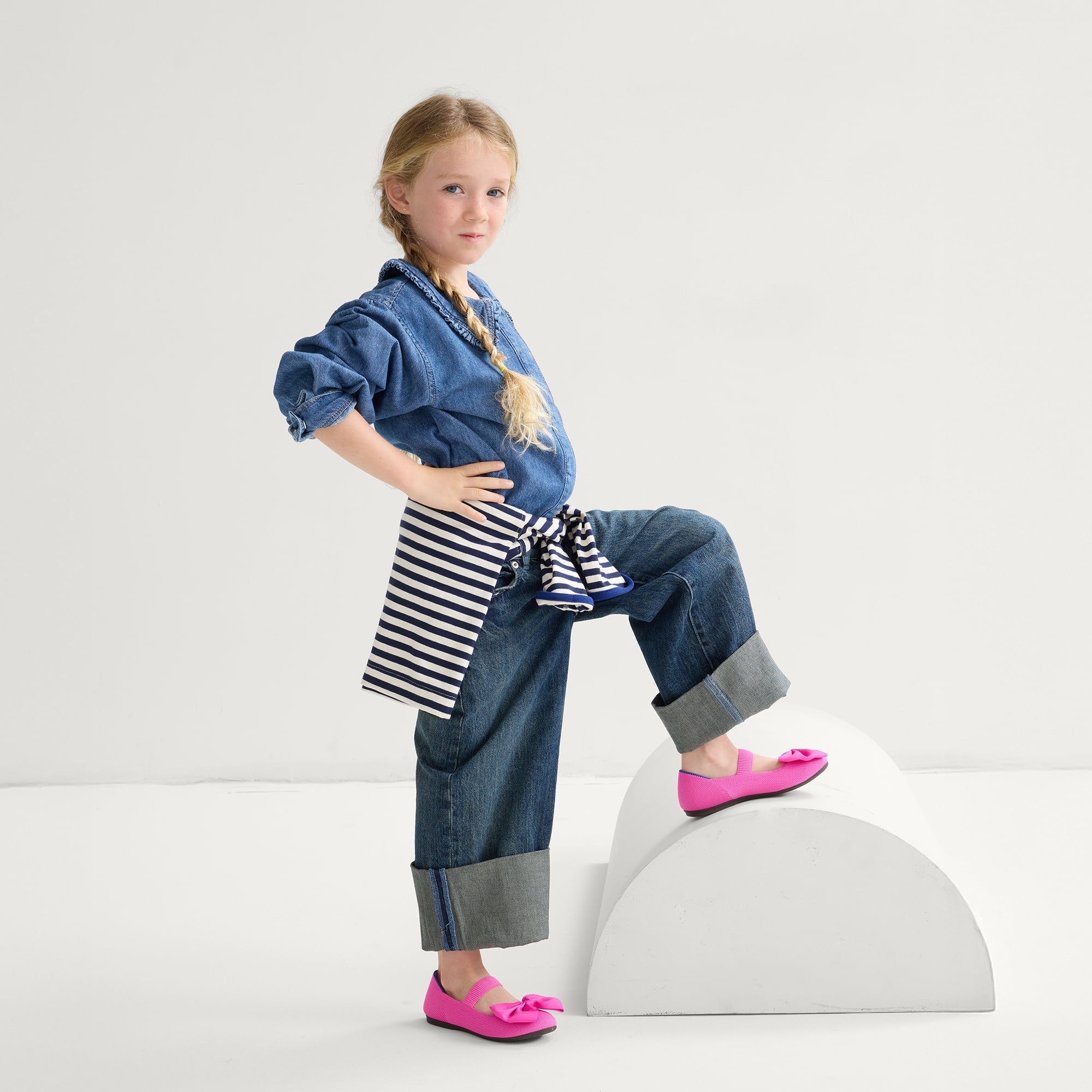 model | An alternate image of a model wearing The Kids Big Bow Mary Jane in Dragon Fruit.