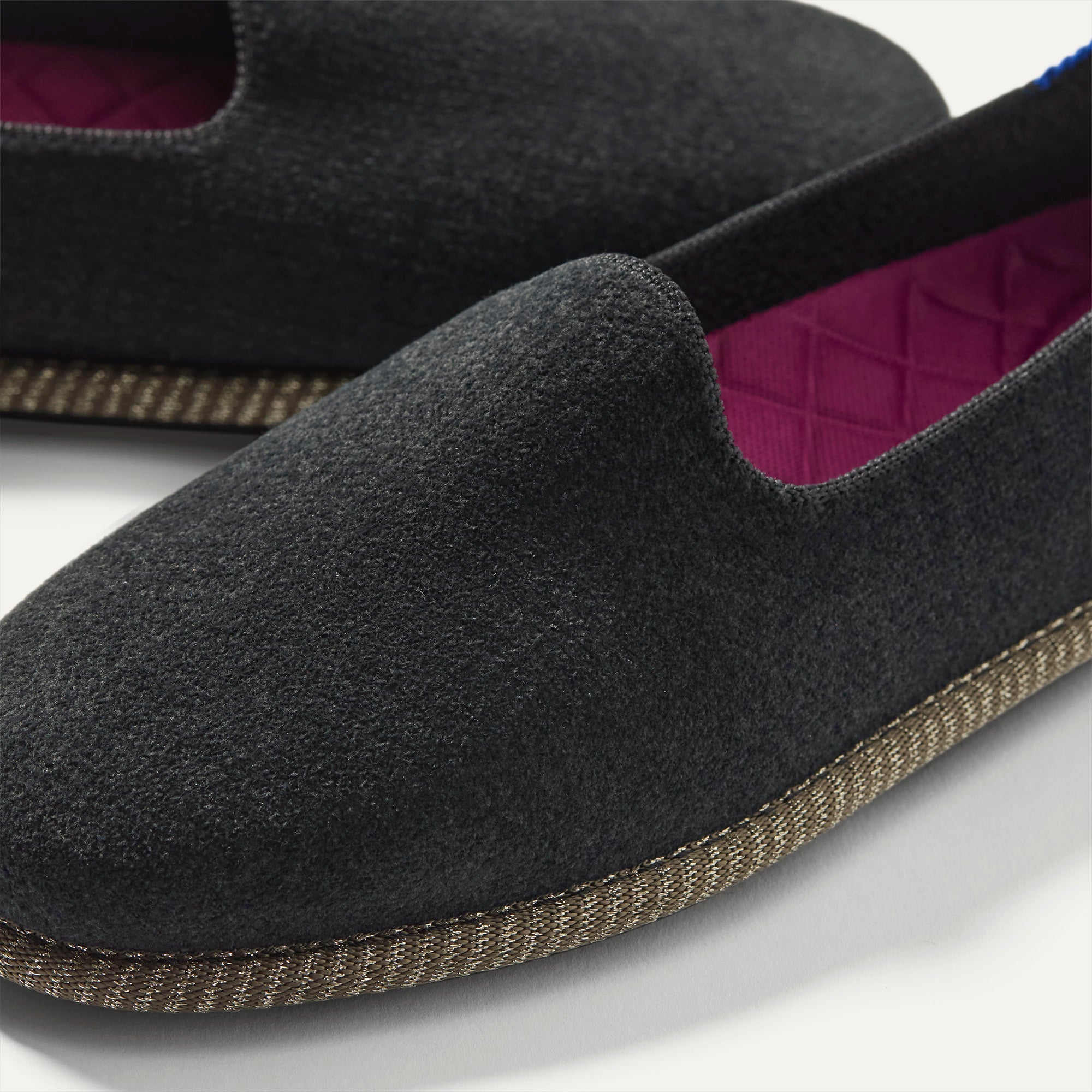 macro | The toe and vamp of The Cruiser Loafer in ReVelvet Black. 