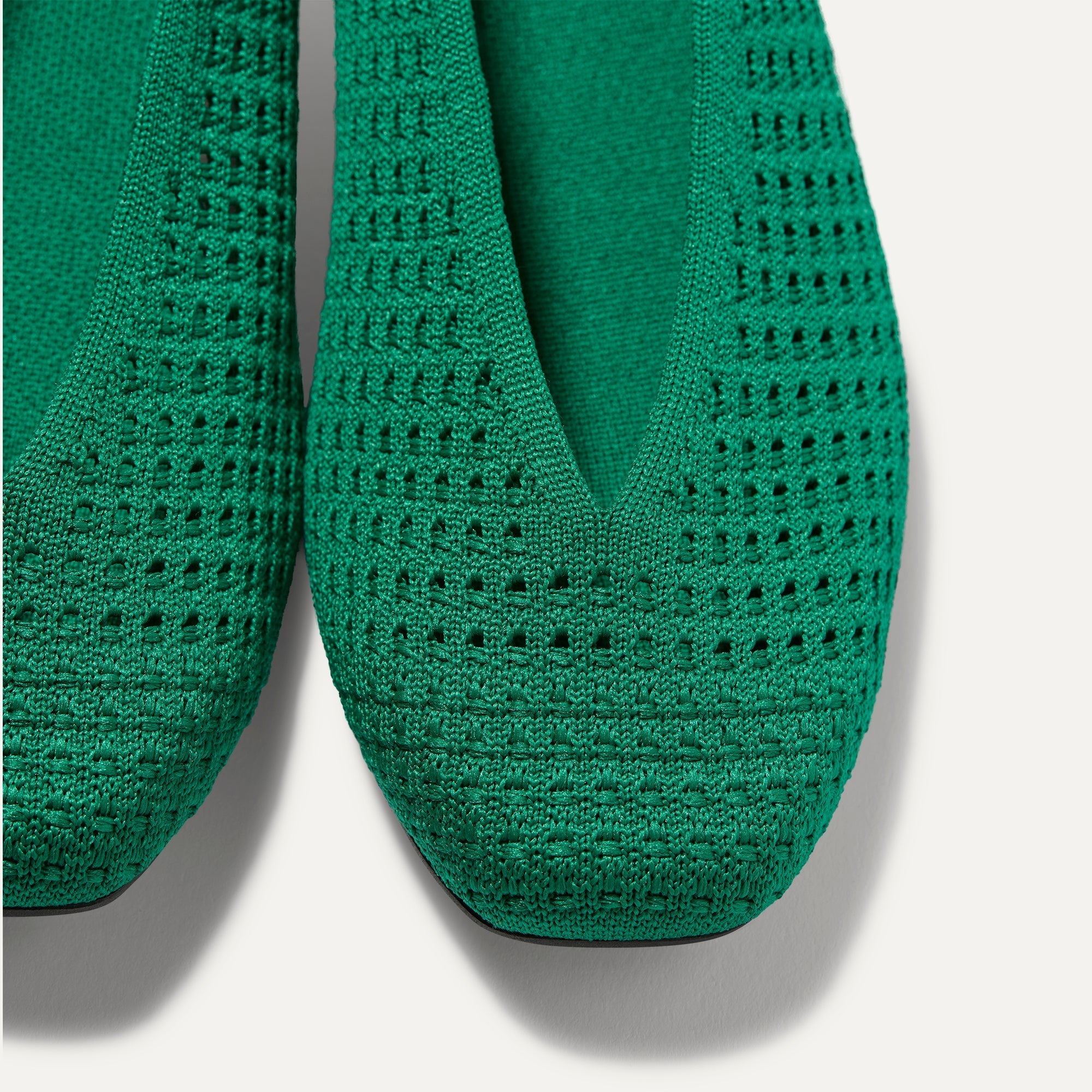 Close up of the toe and V-shaped vamp on The Max Square Ballerina in Clover Mesh.
